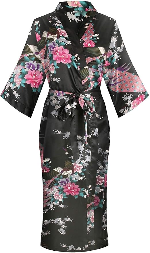 Valennia Women Long Silky Bathrobe Satin Kimono Robe Floral Printed Dressing Gown Sleepwear