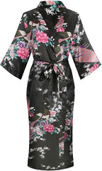 Valennia Women Long Silky Bathrobe Satin Kimono Robe Floral Printed Dressing Gown Sleepwear