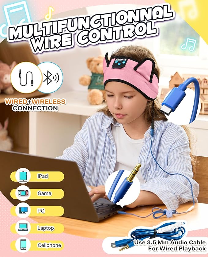 Kids Headphones, Headband for Children Baby & Toddlers, Bluetooth Toddler Headphones Wireless and Wired Playback 3.5 MM Jack for School, Stretchy & Comfy Travel Accessories