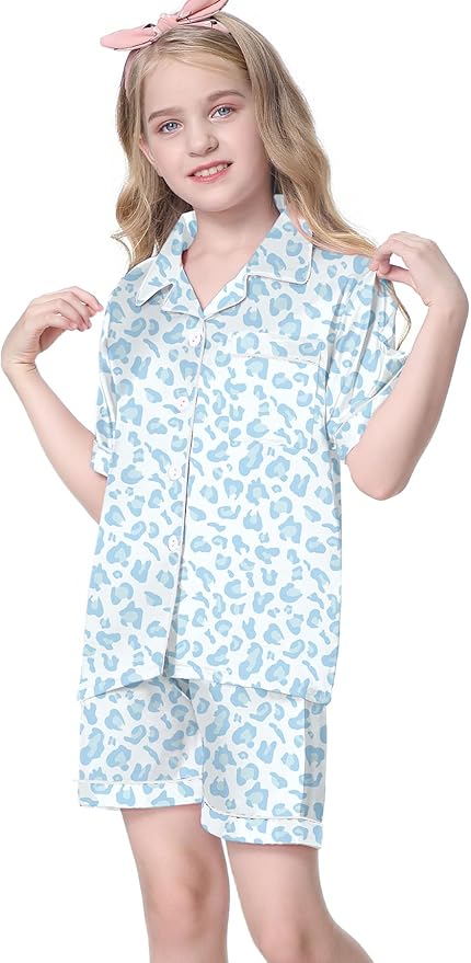 Umeyda Women & Girls Pajamas Set, Soft Satin Lightweight Silk Button-Down Top with Shorts 2 Piece PJS for Mom Boys Kids Gifts