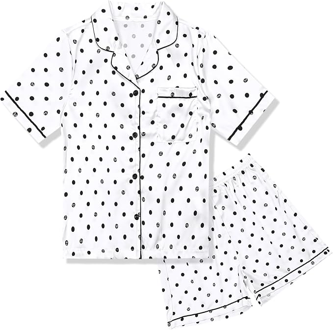 QPANCY Kids Satin Pajamas Sets Baby Boy Girl Button-Down Silk Sleepwear 2 Piece Short Sleeve Loungewear Clothes Set