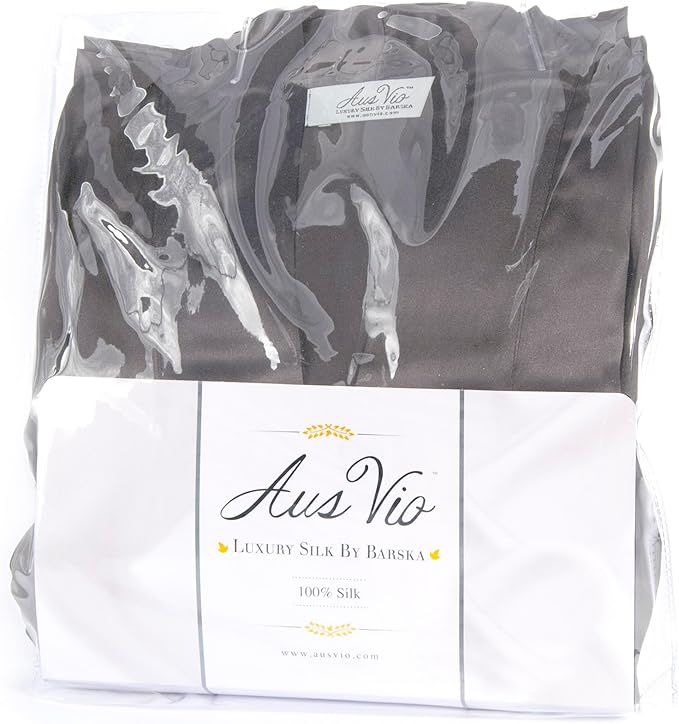 Aus Vio 100% Natural Charmeuse Silk Luxurious Satin Robe with Black Lace, Buttery Soft to Touch, Durable, Breathable, Hypoallergenic Season, M/L, Gray