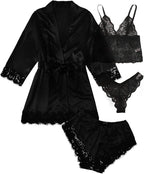 WDIRARA Women' Silk Satin Pajamas Set 4pcs Lingerie Floral Lace Cami Sleepwear with Robe