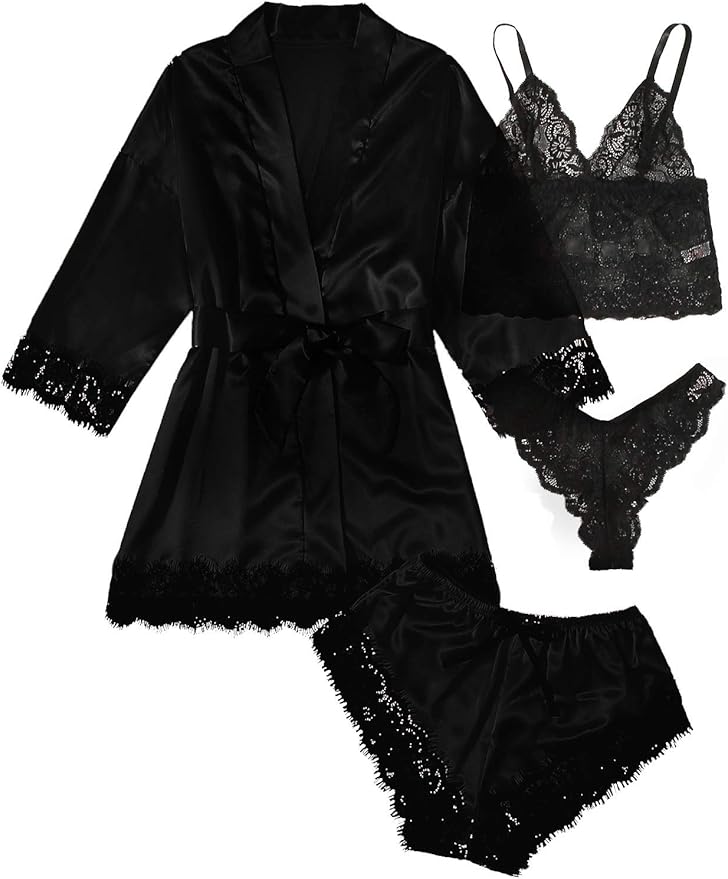 WDIRARA Women' Silk Satin Pajamas Set 4pcs Lingerie Floral Lace Cami Sleepwear with Robe