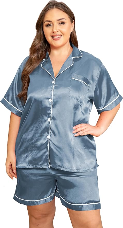 Vozanet Women's Short Sleeve Satin Pajama Sets Silky Ladies Button Down Loungewear Plus Size Nighty Shorts Sets XL to 5XL