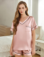 Silk Pajamas for Women Short Sleeve Satin 2 Piece Pj Set Soft V Neck Sleepwear Loungewear, S-XXL