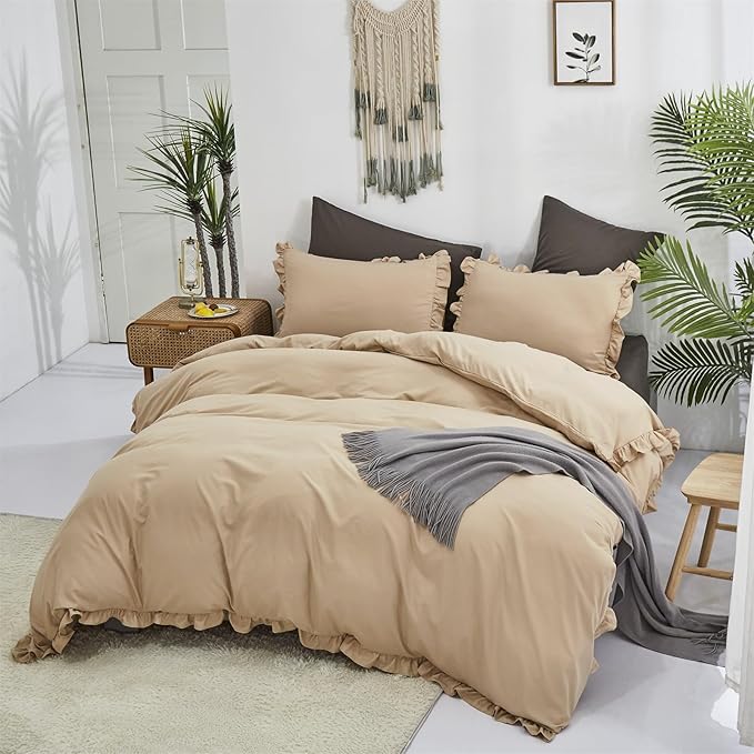 CLOTHKNOW Champagne Ruffle Queen Comforter Set Taupe Bedding Comforter Sets Soft Shabby Chic Farmhouse Comforter with 2 x Pillow Cases