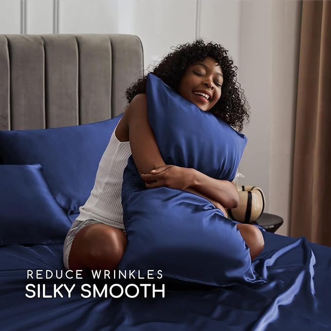 MR&HM Satin Bed Sheets, King Size Sheets Set, 6 Pcs Silky Bedding Set with 15 Inches Deep Pocket for Mattress (King, Navy Blue)