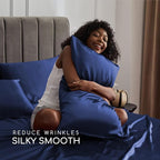 MR&HM Satin Bed Sheets, Queen Size Sheets Set, 6 Pcs Silky Bedding Set with 15 Inches Deep Pocket for Mattress (Queen, Navy Blue)