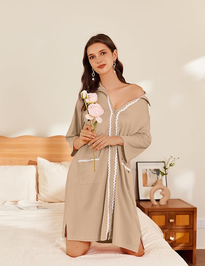 Ekouaer Women Zipper Robe Lightweight House Coat Zipper Front Short Bathrobes Soft Nightgown with Pockets S-3XL