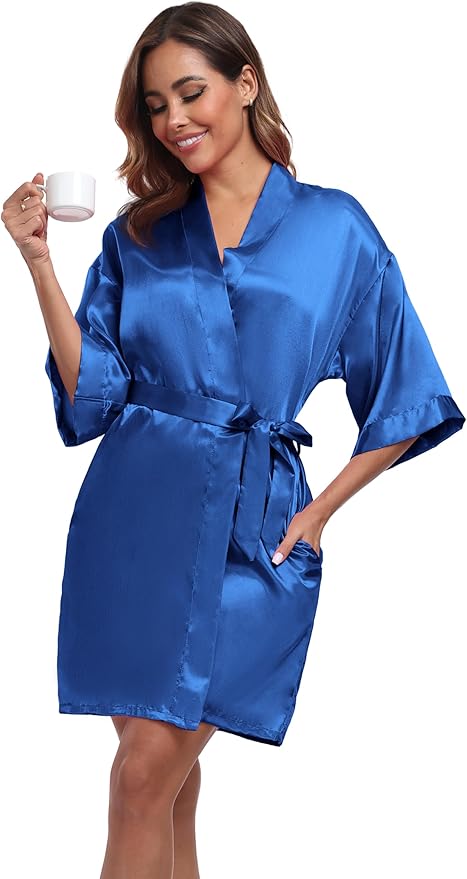 Women's Short Satin Robes Silky Bathrobe Bridesmaid Sleepwear for Wedding Party Getting Ready Solid Color