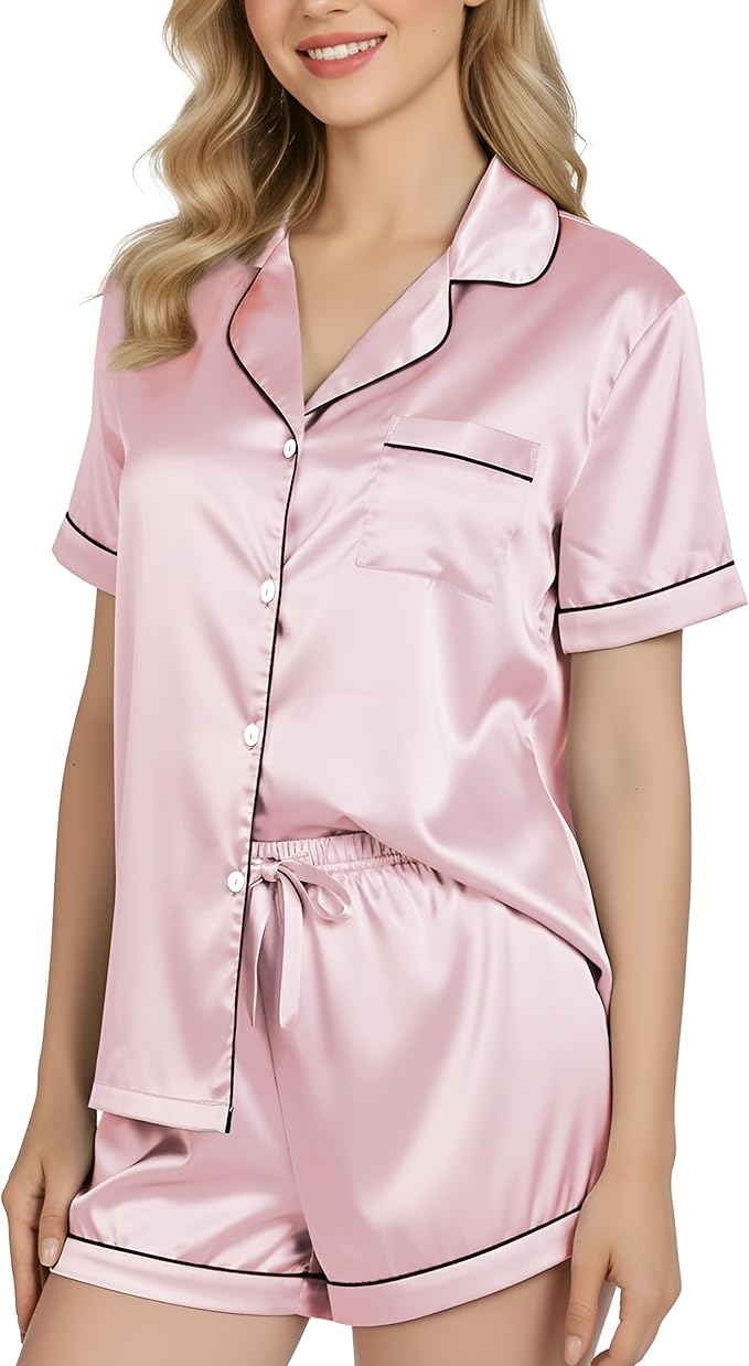 NY Threads Women's Silk Satin Pajamas Set Button Down Top and Shorts 2 Piece Sleepwear Loungewear Pjs Set