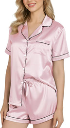 NY Threads Women's Silk Satin Pajamas Set Button Down Top and Shorts 2 Piece Sleepwear Loungewear Pjs Set