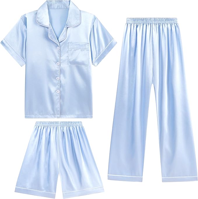 DIPUG 3 Piece Girls Silk Pajamas Set Soft Satin PJs Sleepwear for Comfortable Nights
