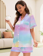 EPLAZA Silk Pajamas for Women Satin Pajamas Set 5 Pcs Long Sleeve Print Pattern Button Down Pjs Sleepwear Loungewear Set