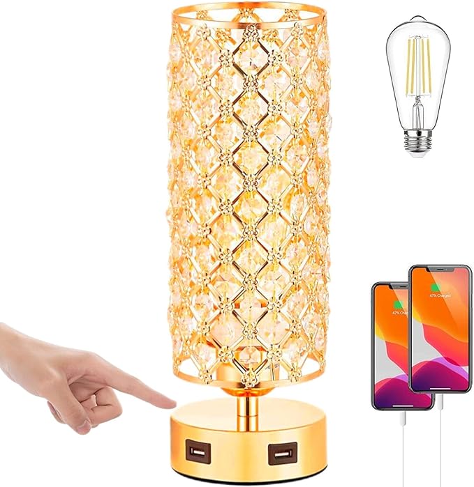 Crystal Table Lamps, Small Touch Desk Lamp Bedside Bedroom Lamp with 2 USB Charging Port Nightstand Night Light Room Decor for Kids Room, Home Office, Living Room,Bar, Restaurant (Gold)