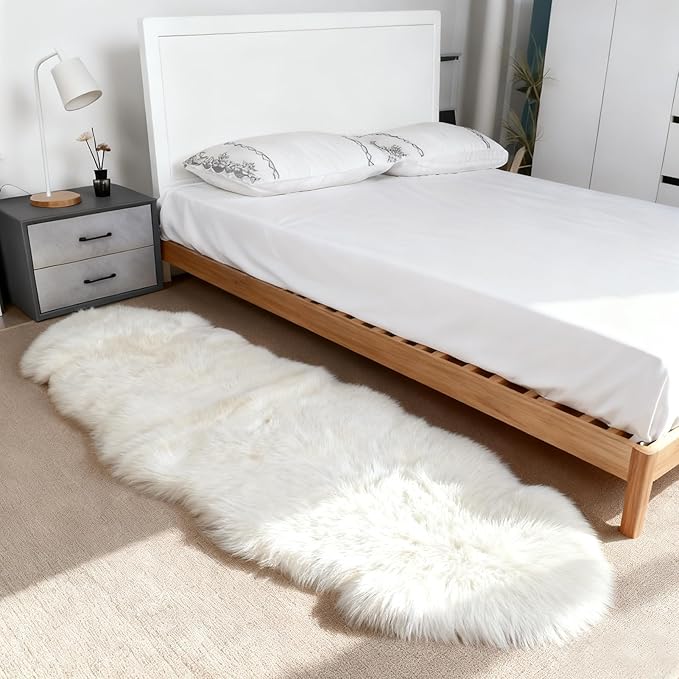 Genuine Sheepskin Rug with Little Patches | Premium Ivory White Fluffy Sheep Skin Carpet for Bedroom Fireplace | Soft Wool Throw Blanket for Elder, Pet | Luxurious Fur Rug for Chair, Sofa, 2FT×6FT