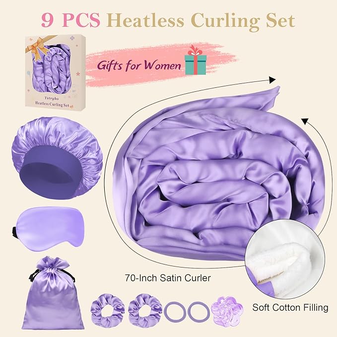Heatless Curls Overnight Hair Curlers to Sleep In, Satin Heatless Curling Set - No Heat Overnight Curls, Hair Curlers No Heat Curlers, Beach Waves for Women Long Hair Volume (Purple)