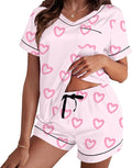 RUEWEY Women Satin Silk Pajamas Lounge Set Heart Print Short Sleeve Tops and Shorts 2 Piece Outfits Sleepwear