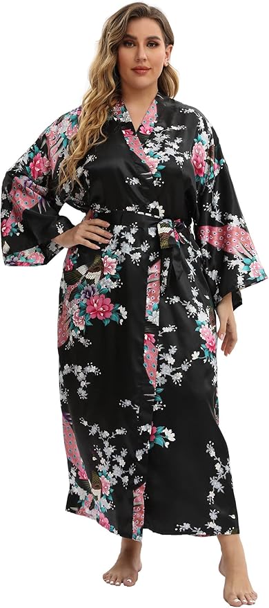 Women's Floral Long Satin Robes Plus Size Long Silk Robes Peacock Floral Kimonos Sleepwear Dressing Gown