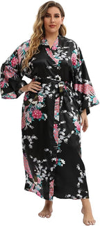 Women's Floral Long Satin Robes Plus Size Long Silk Robes Peacock Floral Kimonos Sleepwear Dressing Gown