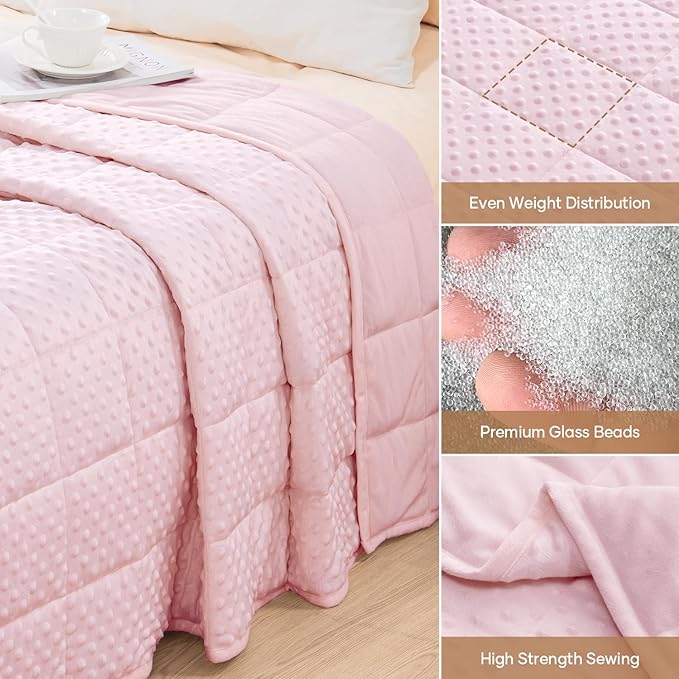 Wemore Minky Dot Weighted Blanket for Adults Queen Size 15 lbs, Soft Cozy Heavy Blanket for Stress Relief and Sleep Promotion, Breathable Blanket for All-Season with Glass Beads, Pink 60 x 80 inches