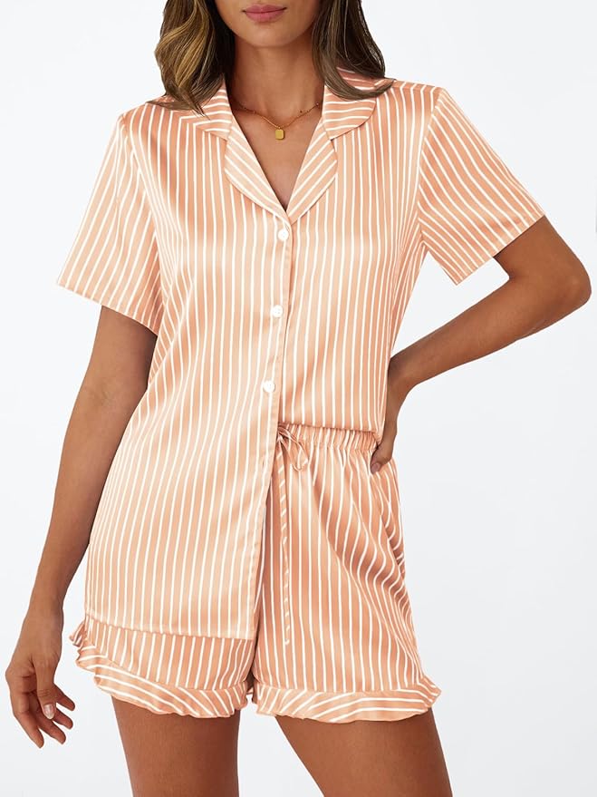 LILLUSORY Womens Satin Silk Pajamas Set 2 Piece Ruffle Pjs Winter Matching Lounge Sleepwear Button Down Striped Shirt Shorts