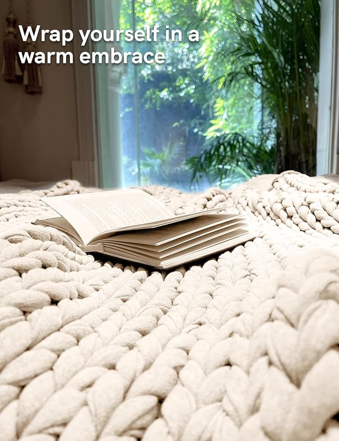 YnM Cotton Weighted Blanket, Handmade Chunky Knitted Design, Soft and Cozy, Temperature Regulating and Breathable, Machine Washable Throw for Sleep or Home Decor (Cream White, 80x84 Inch, 35lbs)