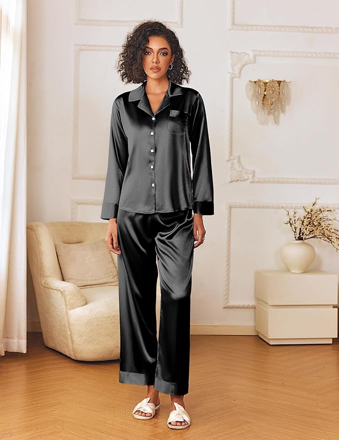 Ekouaer Womens Silk Satin Pajama Sets 2 Piece Sleepwear Pjs Set Long Sleeve Button Down Top and Pants Stripe Loungewear S-XXL