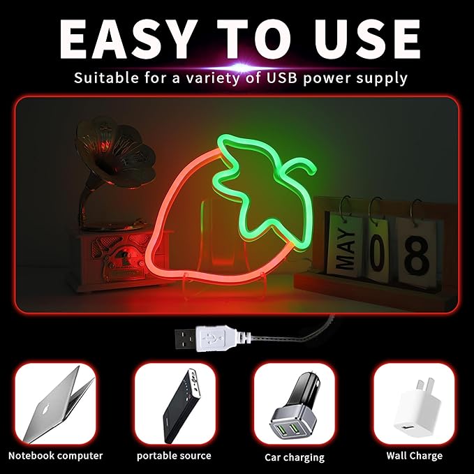 ENUOLI Strawberry Neon Sign Red Green Color Led Sign Fruit Shape Neon Light for Bedroom Wall Decor, Strawberry LED Neon Light, Bar, Fruit Shop,Kids Room Gift