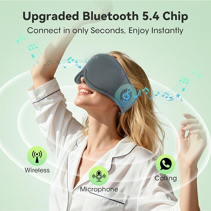3D Bamboo Cotton Sleep Mask with Bluetooth 5.4 Headphone, Music Wireless Bluetooth Blackout Eye Mask for Side Sleepers, Earphones HD Speaker Microphone for Travel, Gifts for Women Men, Grey