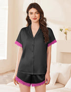 Ekouaer Womens Lace Satin Pajama Set Button Down Pj Shorts Set Bridesmaids Getting Ready Outfits Casual Sleepwear XS-XXL