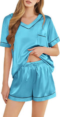 Silk Pajamas for Women Short Sleeve Satin 2 Piece Pj Set Soft V Neck Sleepwear Loungewear, S-XXL