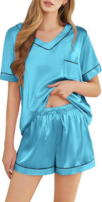 Silk Pajamas for Women Short Sleeve Satin 2 Piece Pj Set Soft V Neck Sleepwear Loungewear, S-XXL