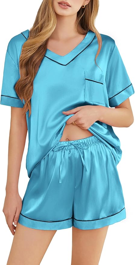 Silk Pajamas for Women Short Sleeve Satin 2 Piece Pj Set Soft V Neck Sleepwear Loungewear, S-XXL