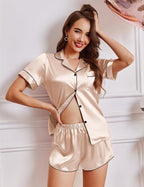 Ekouaer Womens Silk Satin Pajamas Short Sleeve PJS Shorts Set Soft Button Down Sleepwear 2 Piece Loungewear S-5XL