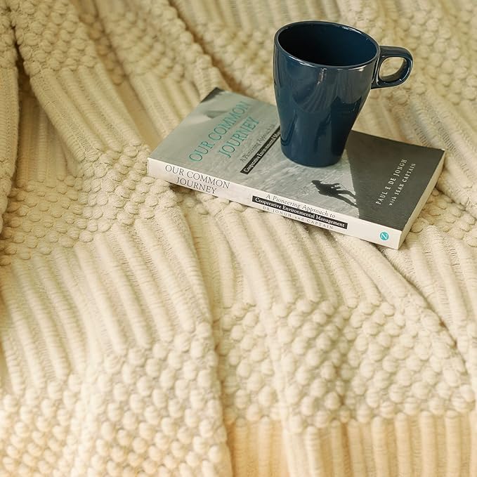 Blagic Knitted Throw Blanket for Couch, Bed and Sofa. Super Soft Blanket with Tassels, Beige/Ivory Throw Blanket, 50 x 60 Inches Lightweight & Cosy Home Decor