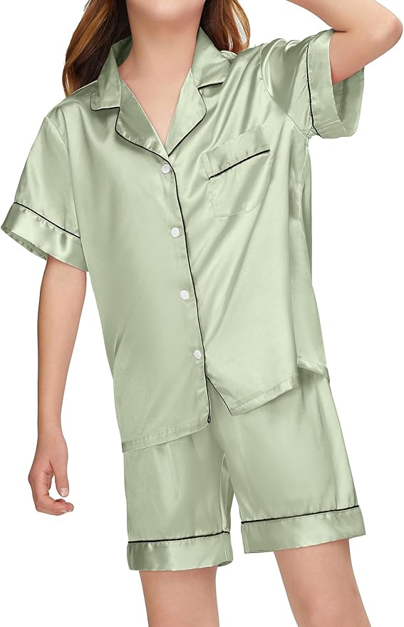 EPLAZA Kids Satin Pajamas Sets Girls Boys Button-Down Silky Pajamas Sleepwear with Hairband Eye Mask Hair Tie
