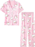 Umeyda Girls Womens Pajamas Set, Satin Silky Button Down Loungewear 2 Piece Short Sleeve Pants PJS Sets for Mommy Kids