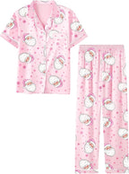 Umeyda Girls Womens Pajamas Set, Satin Silky Button Down Loungewear 2 Piece Short Sleeve Pants PJS Sets for Mommy Kids