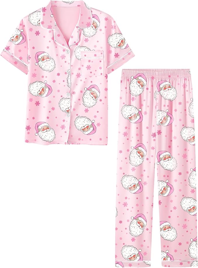 Umeyda Girls Womens Pajamas Set, Satin Silky Button Down Loungewear 2 Piece Short Sleeve Pants PJS Sets for Mommy Kids