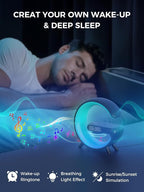 Smiling Shark Wake Up Light, Atmosphere Desk Light with 15W Wireless Charger & Bluetooth Speaker Button Control 10 Lights Mode Sunrise Simulation Alarm Clock Smart Light for Home Decor Bedroom