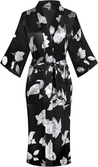 Valennia Women Long Silky Bathrobe Satin Kimono Robe Floral Printed Dressing Gown Sleepwear