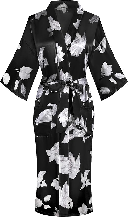Valennia Women Long Silky Bathrobe Satin Kimono Robe Floral Printed Dressing Gown Sleepwear