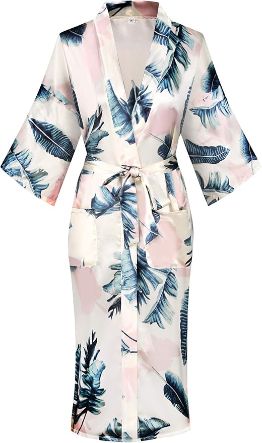 Valennia Women Long Silky Bathrobe Satin Kimono Robe Floral Printed Dressing Gown Sleepwear