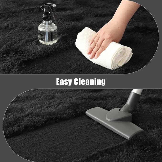 Macgace Fluffy Area Rugs for Bedroom Decor Aesthetic, 5x7 Black Shag Rug with Non-Slip Dots for Living Room, Furry Plush Mat Washable Fuzzy Carpet Modern Home Decor for Kids Nursery Gothic Room