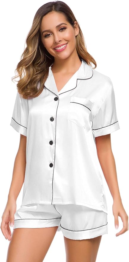 SWOMOG Womens Silk Satin Pajamas Set Short Sleeve Sleepwear Button Down Top and Shorts Loungewear 2 Piece Pjs Set XS-3XL