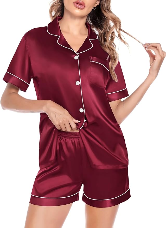 SWOMOG Satin Matching Pajamas Sets Couple Silk Button Down Nightwear Women & Men Short Sleeve Sleepwear 2 Pieces Loungewear