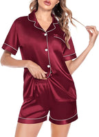 SWOMOG Satin Matching Pajamas Sets Couple Silk Button Down Nightwear Women & Men Short Sleeve Sleepwear 2 Pieces Loungewear