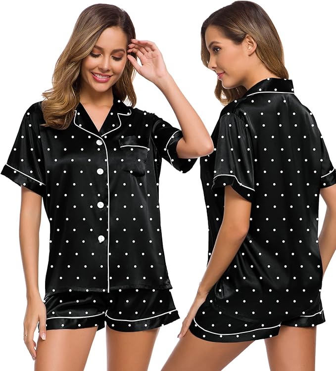 SWOMOG Womens Silk Satin Pajamas Set Short Sleeve Sleepwear Button Down Top and Shorts Loungewear 2 Piece Pjs Set XS-3XL